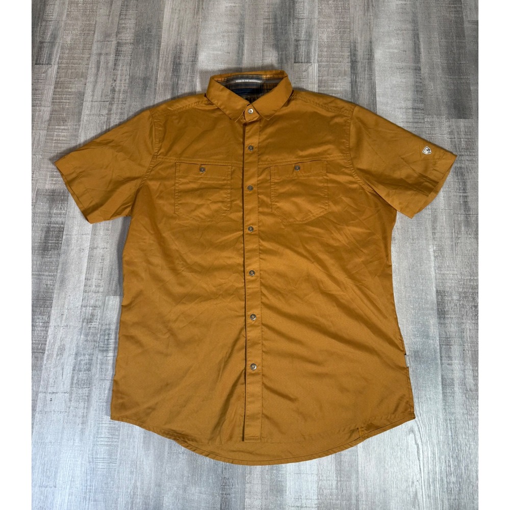 KUHL Mens Short Sleeve Snap Front Ripstop Karib Outdoor Shirt Yellow Small